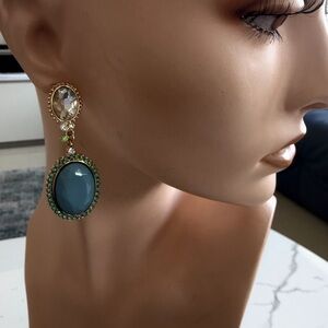 Blue Statement Drop Earrings Gold Tone Rhinestone Oval Dangle Bold Fashion NEW